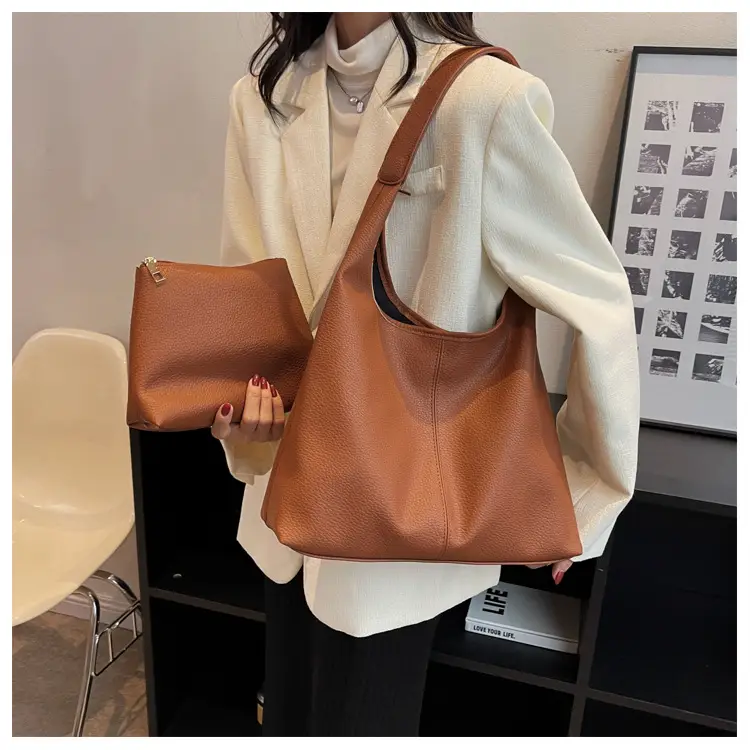 Women's Large Capacity Tan Leather Shoulder Bag — feature 12