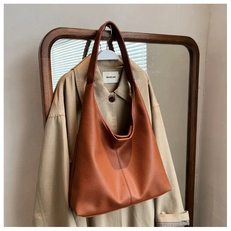 Women's Large Capacity Tan Leather Shoulder Bag — feature 26