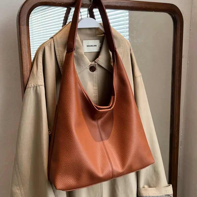 Women's Large Capacity Tan Leather Shoulder Bag - Image 3