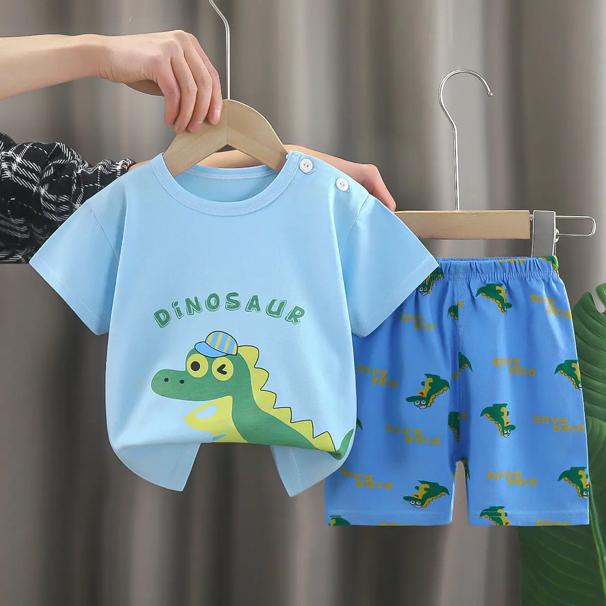 Dinosaur Printed Baby Boys Cotton Shorts Suit Light Blue