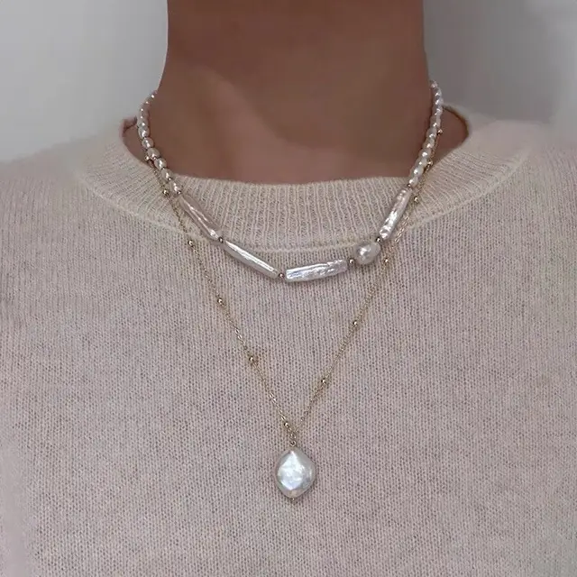 Natural Baroque Pearl Necklace 14k Gold Clavicle Chain