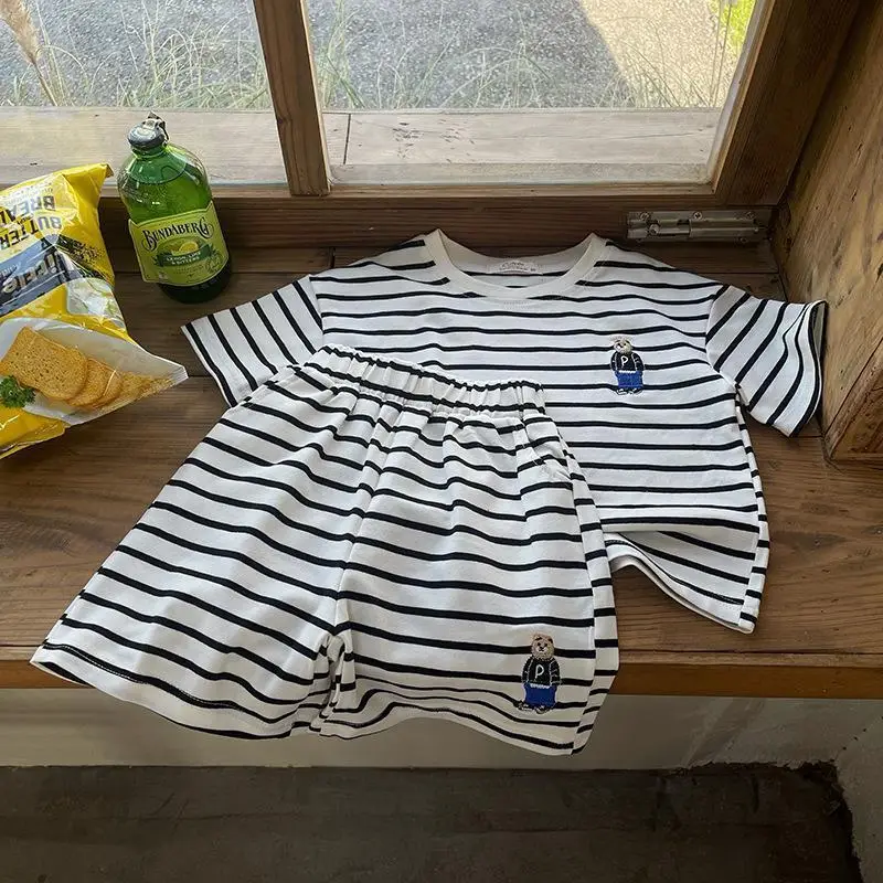 Boys Striped T-Shirt 2-Piece Set with Bear Embroidery - Image 7