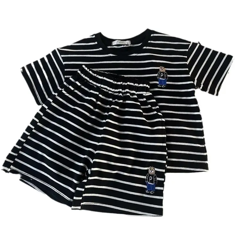 Boys Striped T-Shirt 2-Piece Set with Bear Embroidery - Image 8