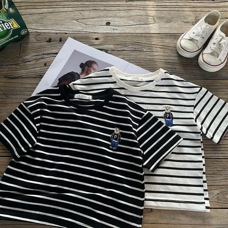 Boys Striped T-Shirt 2-Piece Set with Bear Embroidery — feature 11