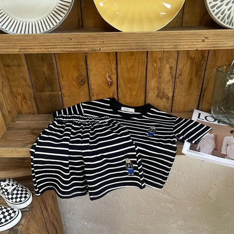 Boys Striped T-Shirt 2-Piece Set with Bear Embroidery — feature 5