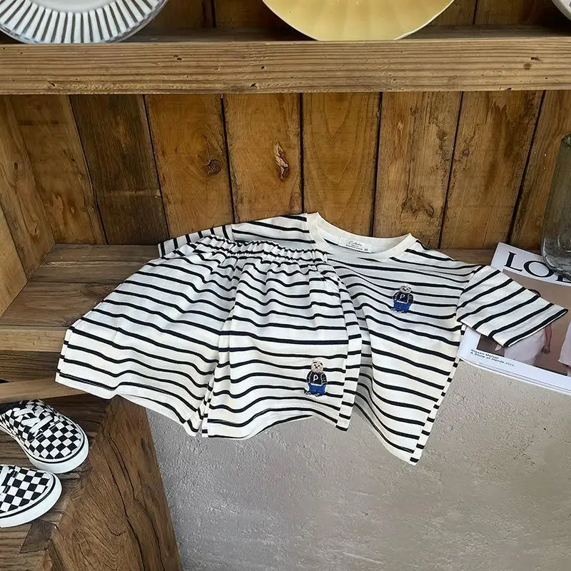 Boys Striped T-Shirt 2-Piece Set with Bear Embroidery — feature 6