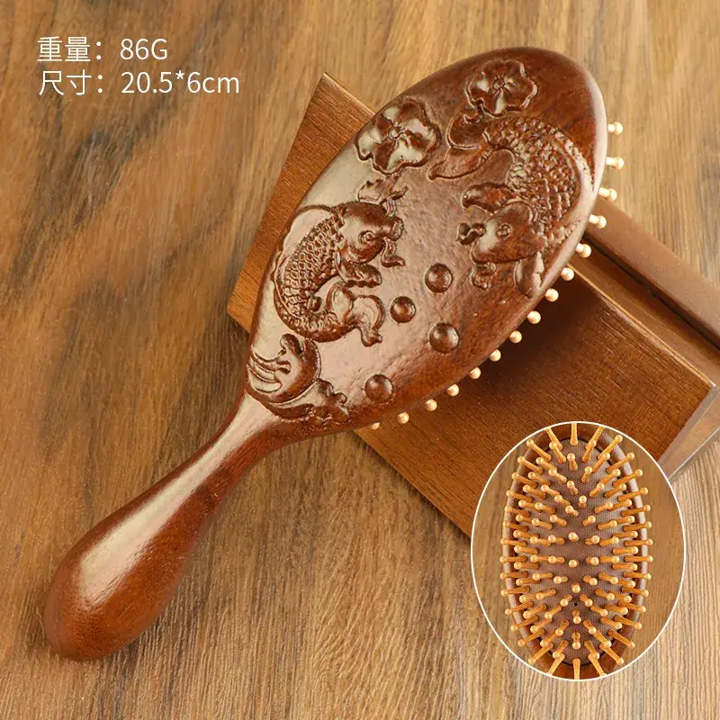 Golden Silk Sandalwood Carved Air Cushion Comb Large Oval - Image 10