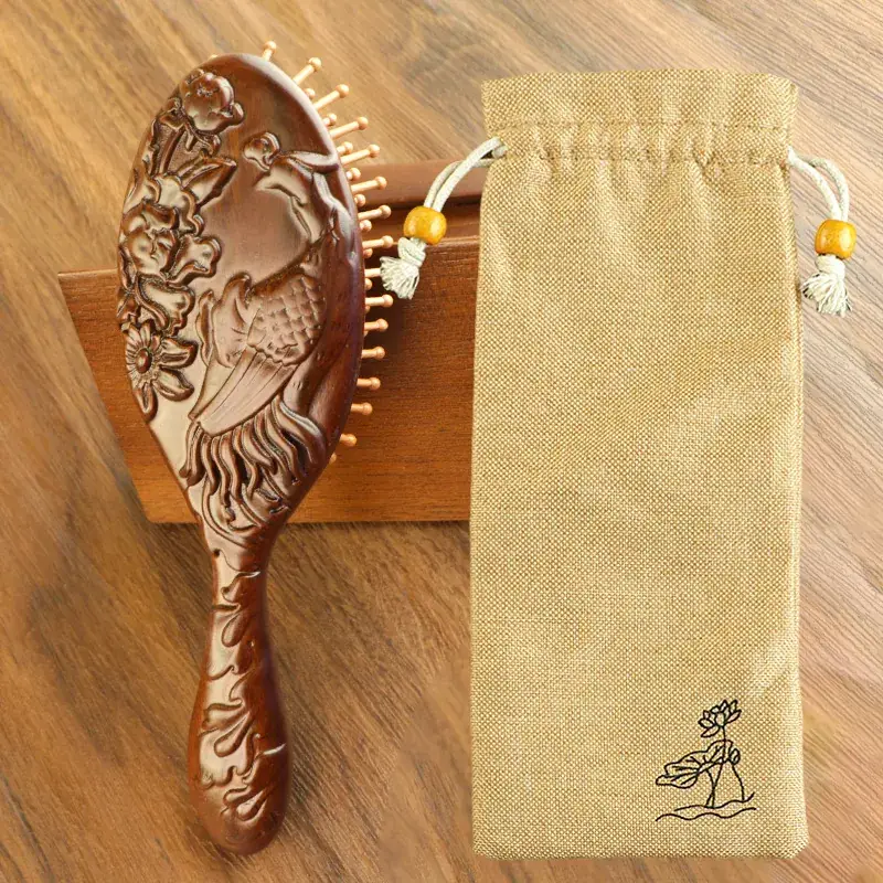 Golden Silk Sandalwood Carved Air Cushion Comb Large Oval - Image 11