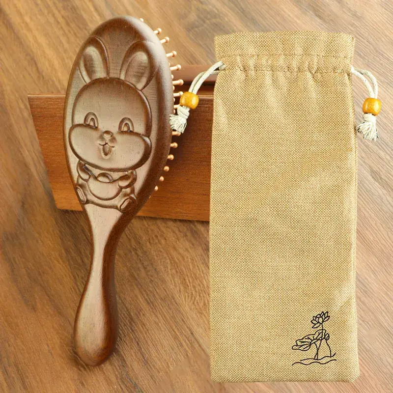Golden Silk Sandalwood Carved Air Cushion Comb Large Oval - Image 12