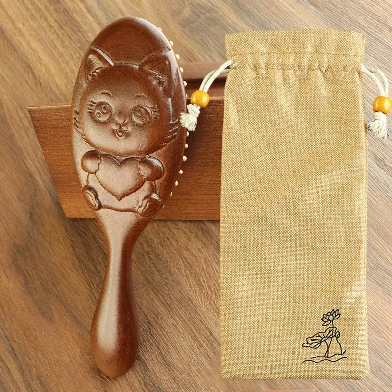 Golden Silk Sandalwood Carved Air Cushion Comb Large Oval - Image 13