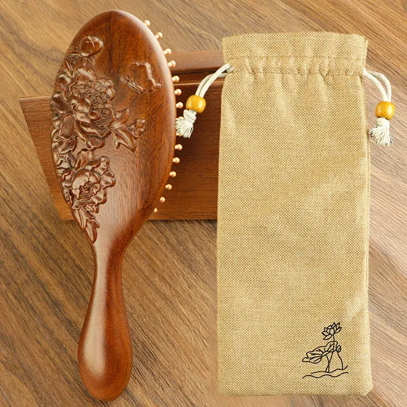 Golden Silk Sandalwood Carved Air Cushion Comb Large Oval - Image 14