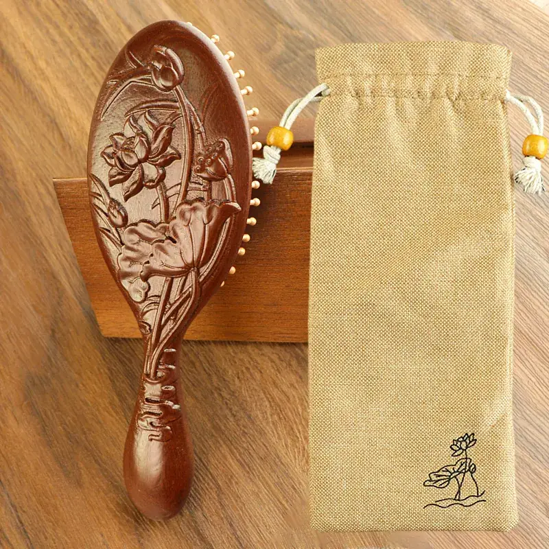 Golden Silk Sandalwood Carved Air Cushion Comb Large Oval - Image 15