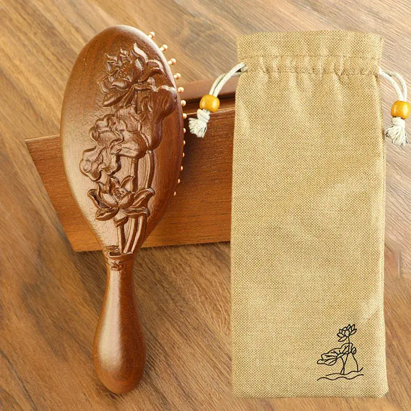 Golden Silk Sandalwood Carved Air Cushion Comb Large Oval - Image 16