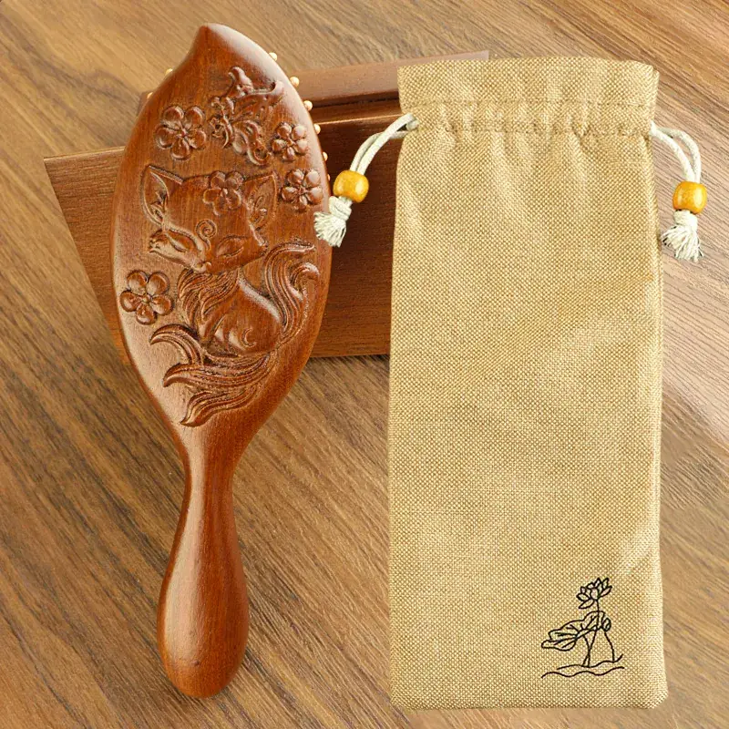 Golden Silk Sandalwood Carved Air Cushion Comb Large Oval - Image 17
