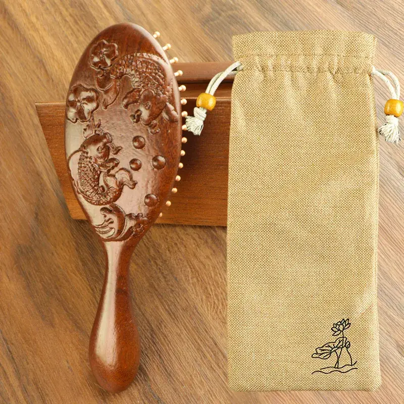 Golden Silk Sandalwood Carved Air Cushion Comb Large Oval - Image 18