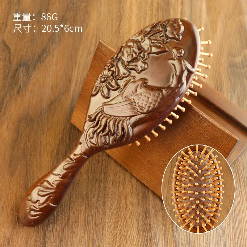 Golden Silk Sandalwood Carved Air Cushion Comb Large Oval - Image 2