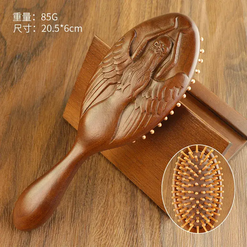 Golden Silk Sandalwood Carved Air Cushion Comb Large Oval - Image 5