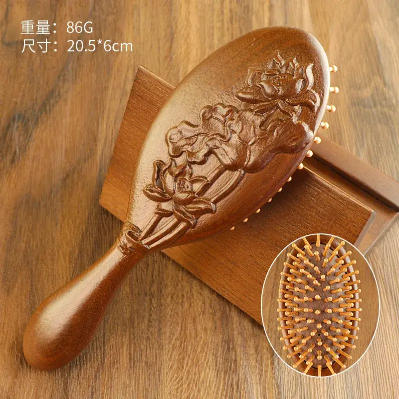 Golden Silk Sandalwood Carved Air Cushion Comb Large Oval - Image 6