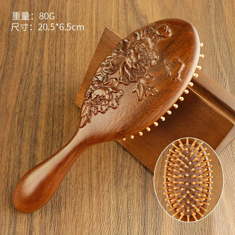 Golden Silk Sandalwood Carved Air Cushion Comb Large Oval - Image 7