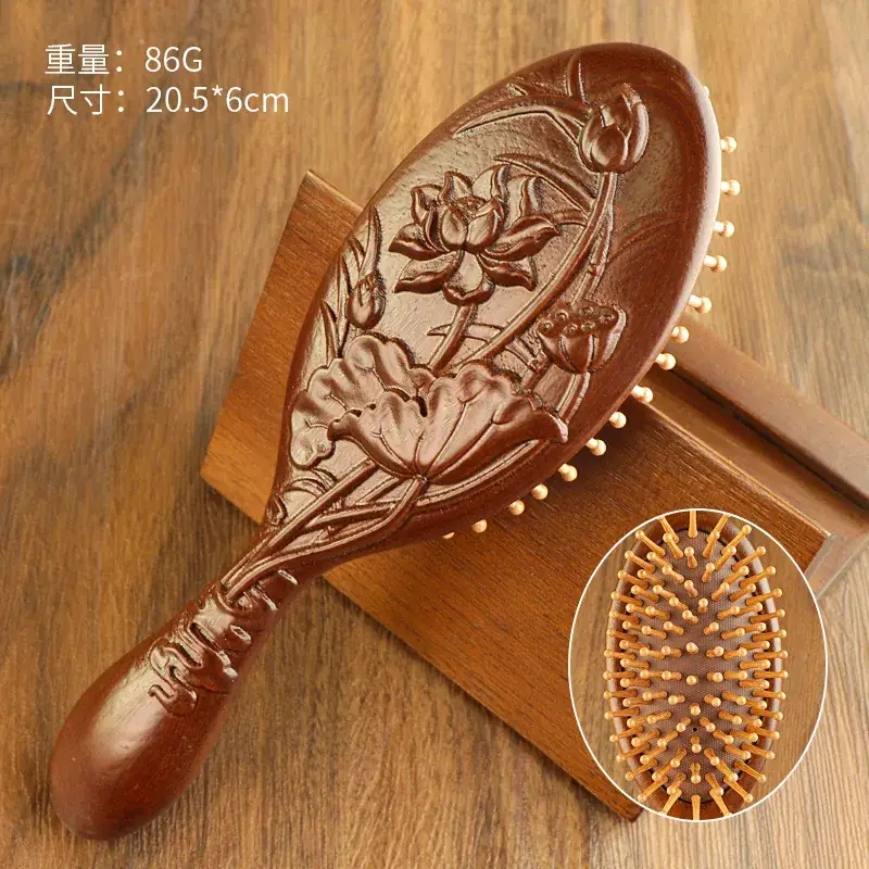 Golden Silk Sandalwood Carved Air Cushion Comb Large Oval - Image 8
