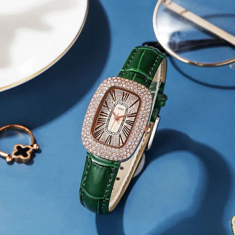 Women's Green Crocodile Leather Watch with Diamond Face - Image 6