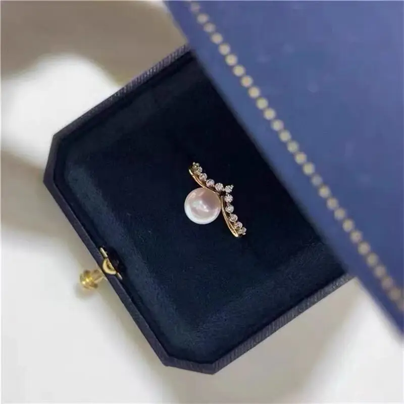 Yuhe Pearl Ring Adjustable V-Shaped Full Diamond Sterling Silver Gold - Image 6