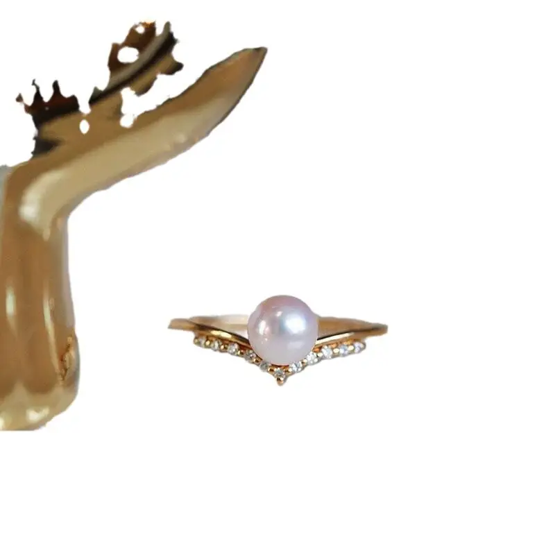 Yuhe Pearl Ring Adjustable V-Shaped Full Diamond Sterling Silver Gold - Image 7