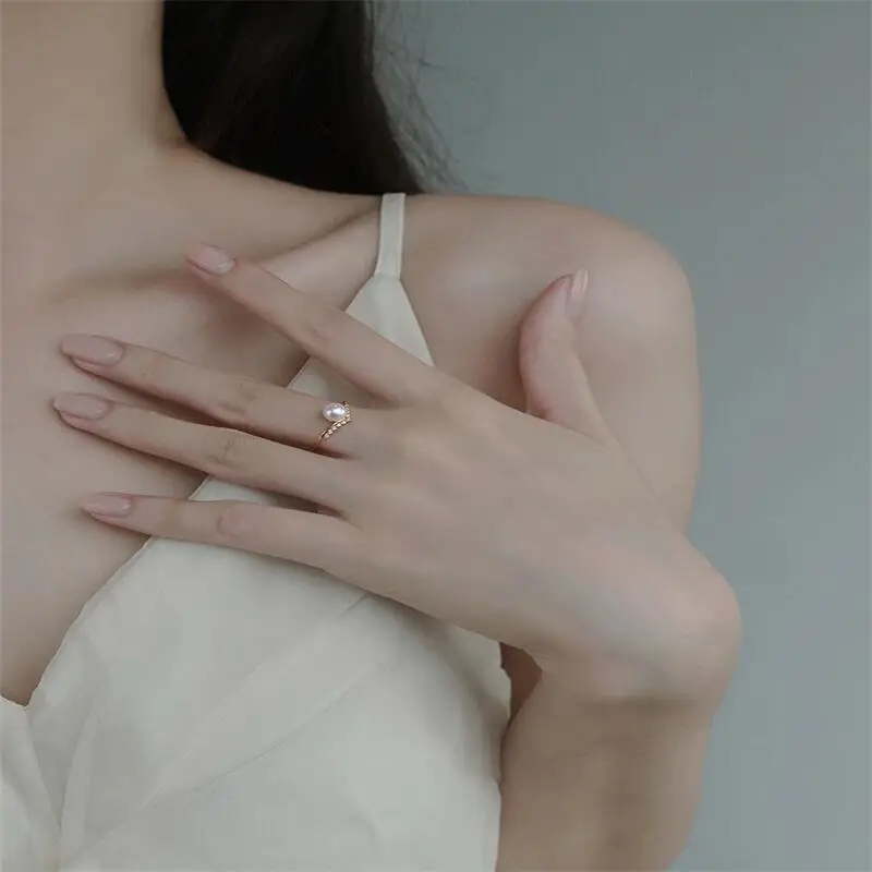 Yuhe Pearl Ring Adjustable V-Shaped Full Diamond Sterling Silver Gold — feature 2