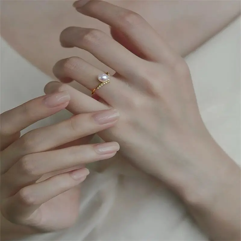 Yuhe Pearl Ring Adjustable V-Shaped Full Diamond Sterling Silver Gold — feature 3