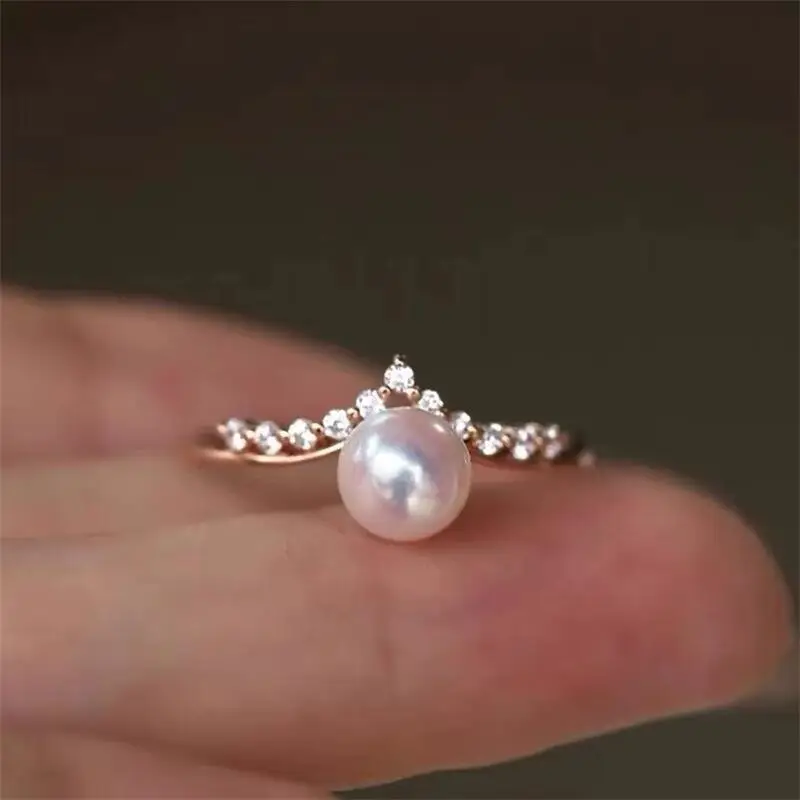 Yuhe Pearl Ring Adjustable V-Shaped Full Diamond Sterling Silver Gold — feature 4