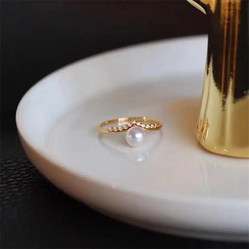 Yuhe Pearl Ring Adjustable V-Shaped Full Diamond Sterling Silver Gold — feature 5