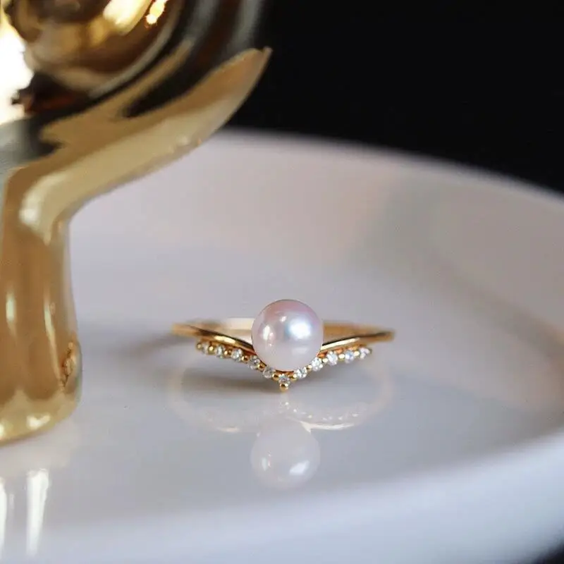 Yuhe Pearl Ring Adjustable V-Shaped Full Diamond Sterling Silver Gold — feature 6