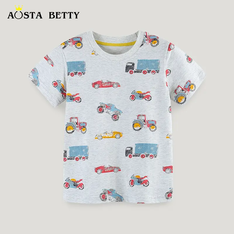 2026 Boys Cartoon Print T-Shirt Grey Round Neck Short Sleeve
