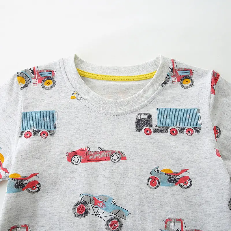 2026 Boys Cartoon Print T-Shirt Grey Round Neck Short Sleeve