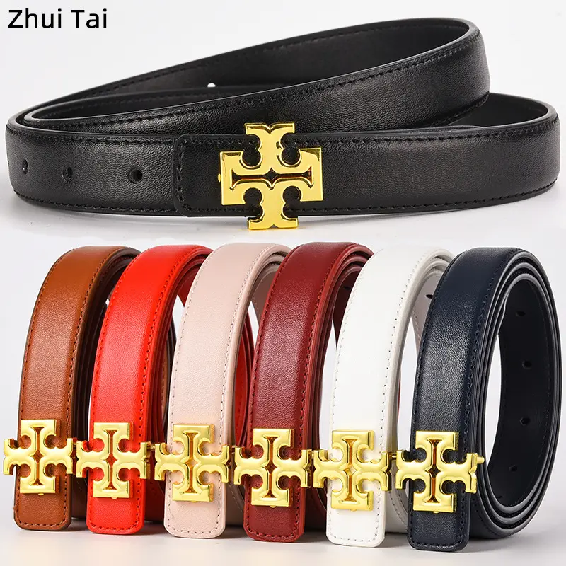 Brown Leather Belt with Gold T-Horizontal Buckle for Women - Image 13