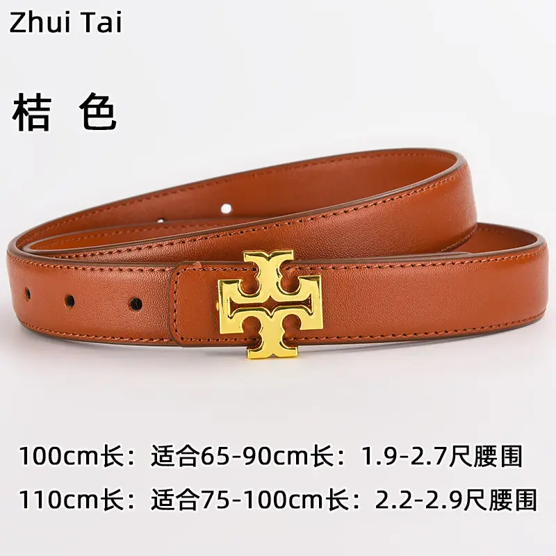Brown Leather Belt with Gold T-Horizontal Buckle for Women — feature 13