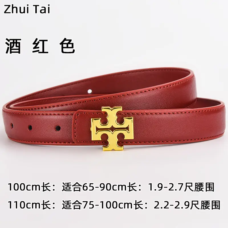 Brown Leather Belt with Gold T-Horizontal Buckle for Women - Image 6