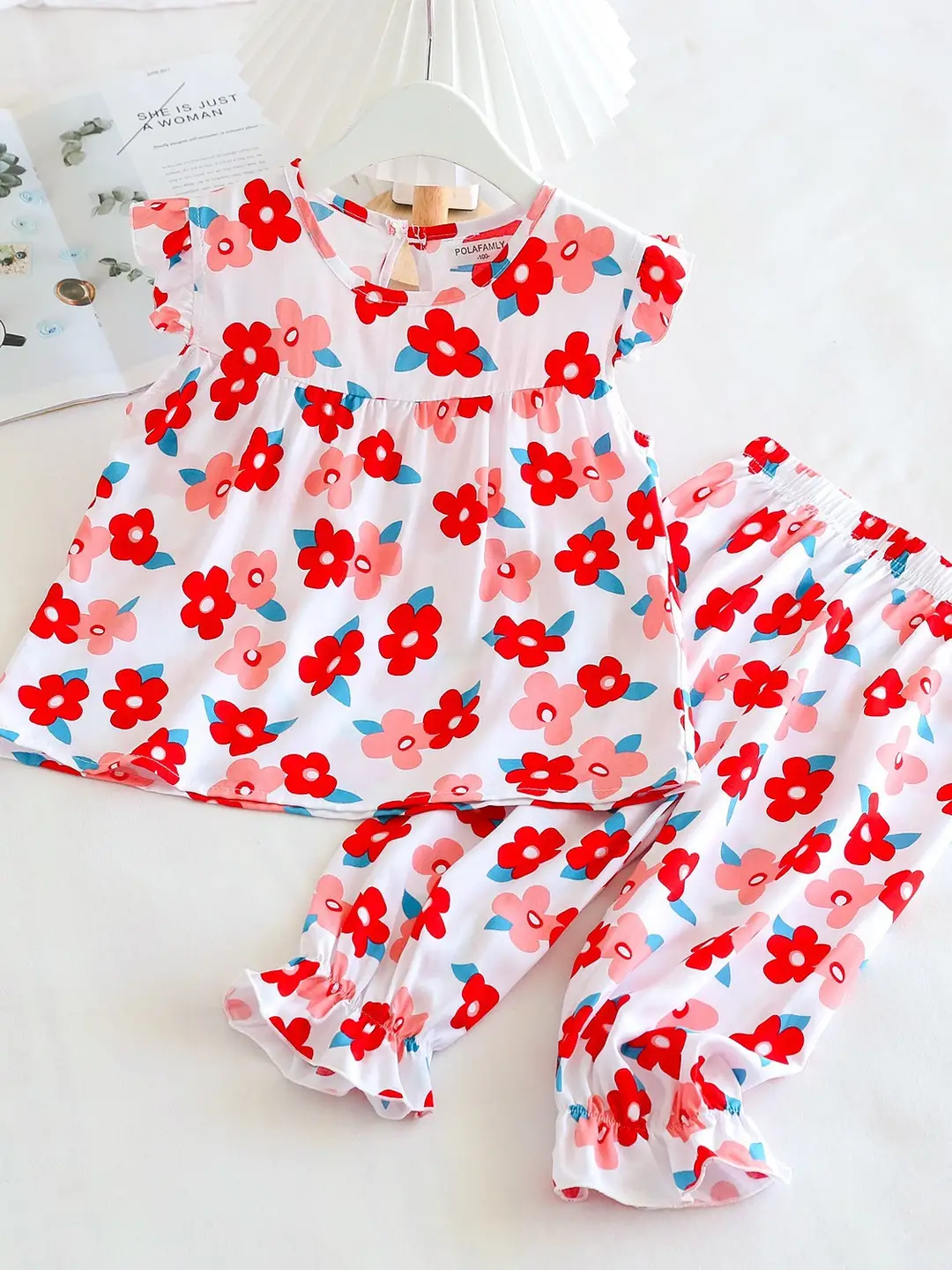 Summer Girl's Artificial Cotton suit Cool Breathable Foreign Trade Children's Home Clothes Thin Top Anti-mosquito Pants Cotton Silk suit