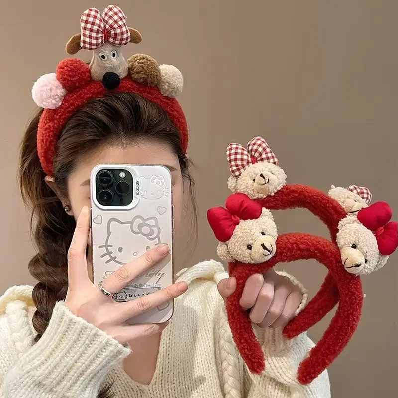Plush Cartoon Doll Headband with Bow and Hats