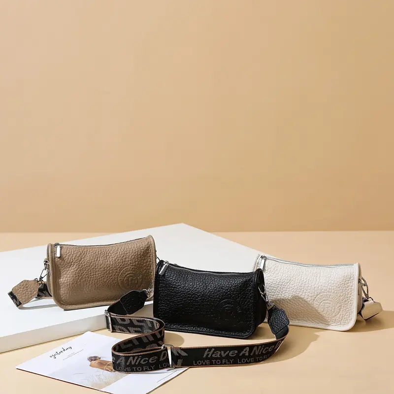 Black Leather Wide Shoulder Bag with Strap - Image 5