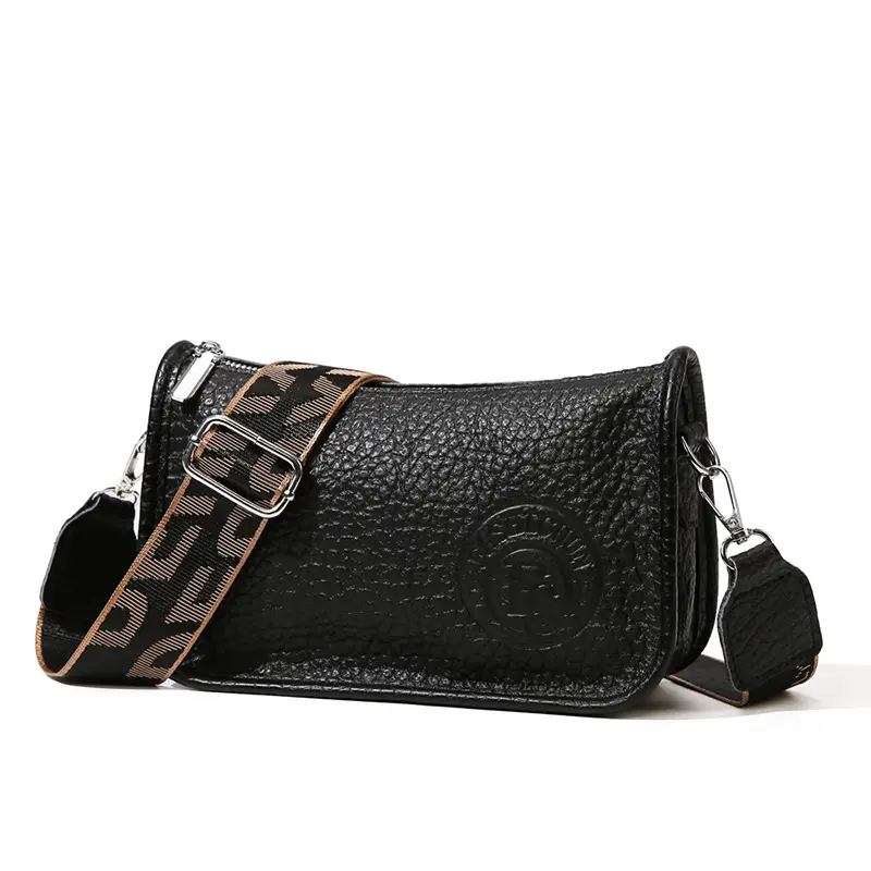 Black Leather Wide Shoulder Bag with Strap - Image 6