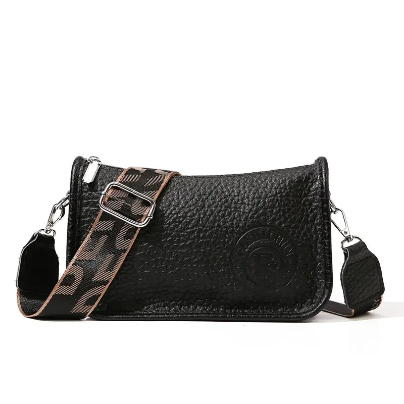Black Leather Wide Shoulder Bag with Strap - Image 8