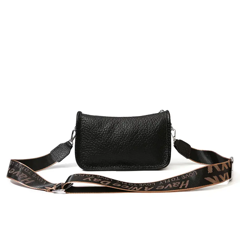 Black Leather Wide Shoulder Bag with Strap — feature 14