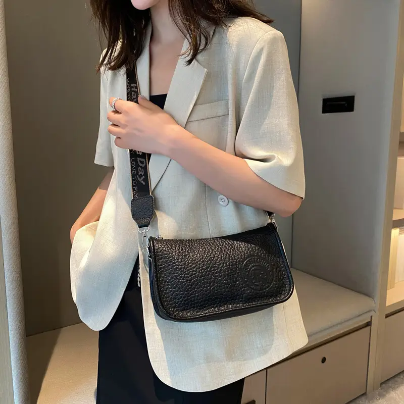 Black Leather Wide Shoulder Bag with Strap — feature 8