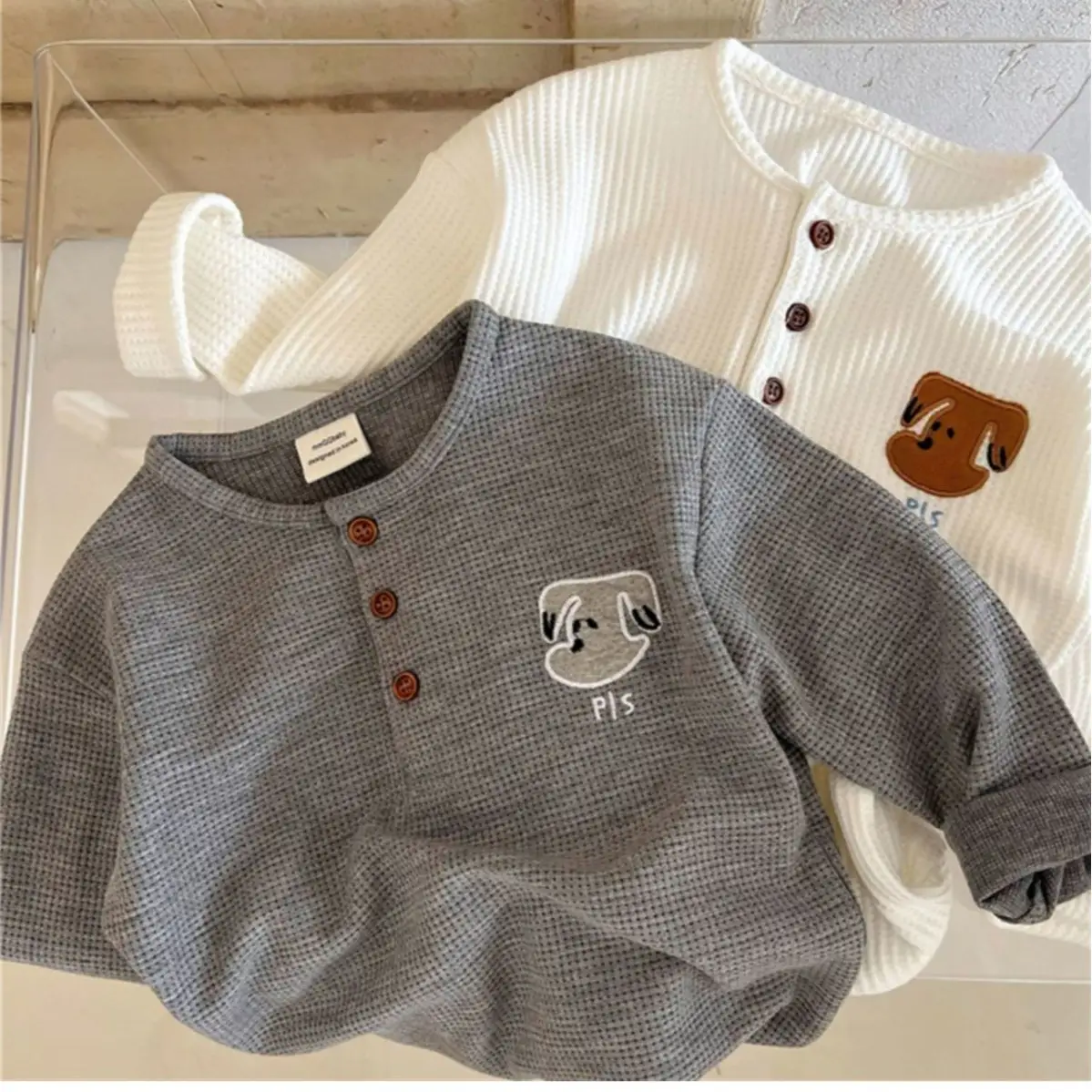 Kids Waffle Embroidered Crew Neck Sweatshirt Set