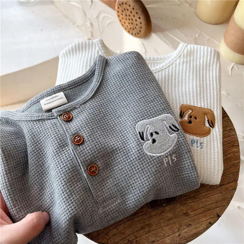Kids Waffle Embroidered Crew Neck Sweatshirt Set