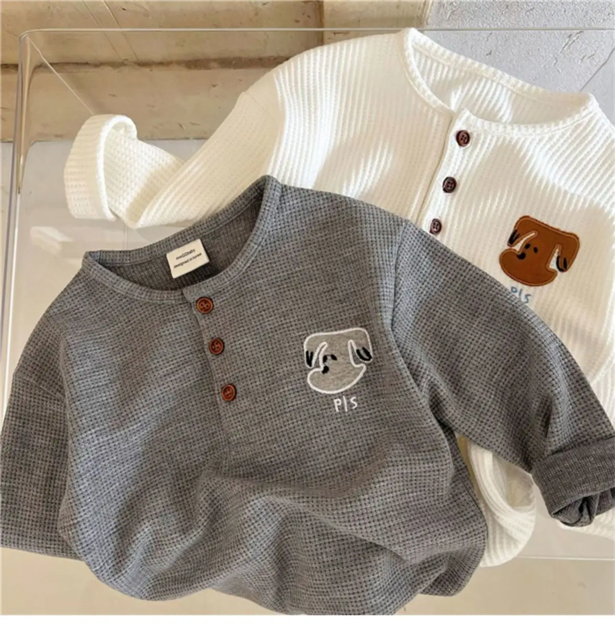 Kids Waffle Embroidered Crew Neck Sweatshirt Set — feature 1