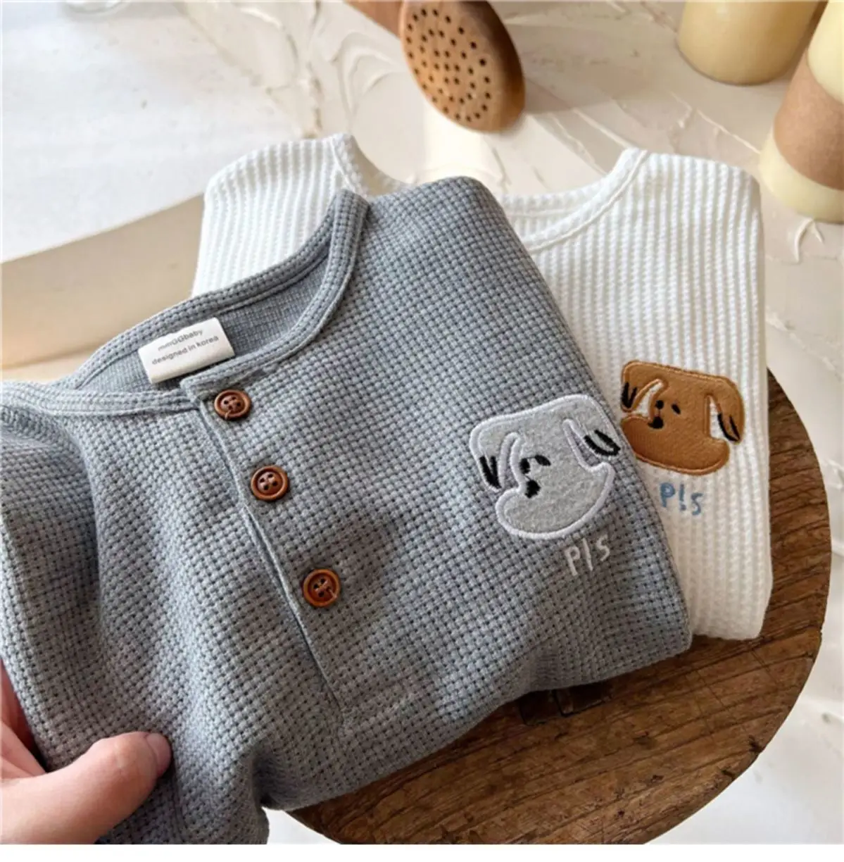 Kids Waffle Embroidered Crew Neck Sweatshirt Set — feature 3