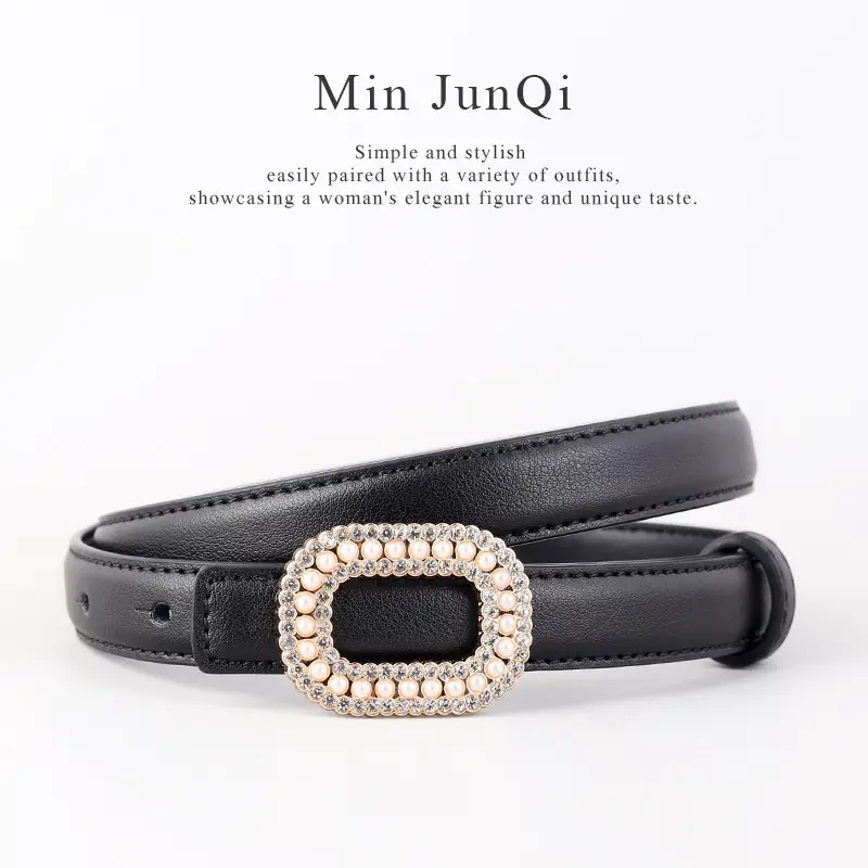 Women's Black Genuine Leather Belt with Pearl Buckle - Image 4