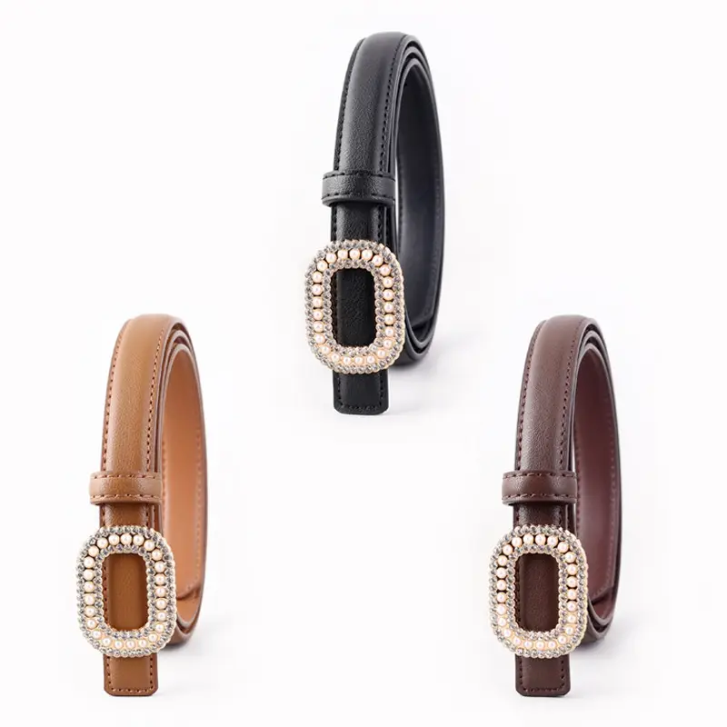 Women's Black Genuine Leather Belt with Pearl Buckle - Image 5